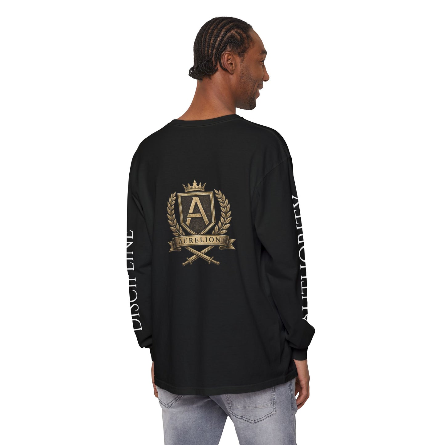 Aurelion Crest Long Sleeve Tee — 'Aurelion' Shield & Laurel Graphic